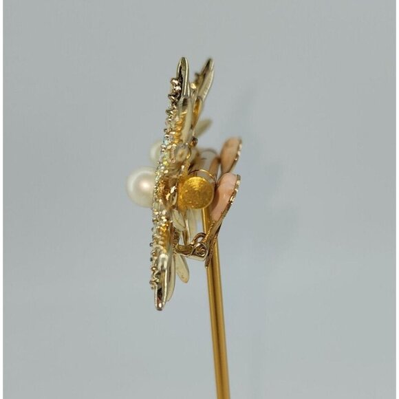 Emmons Retro Faux Pearl Aurora Borealis Rhinestone Clip-On Starburst Earrings - Picture 3 of 6